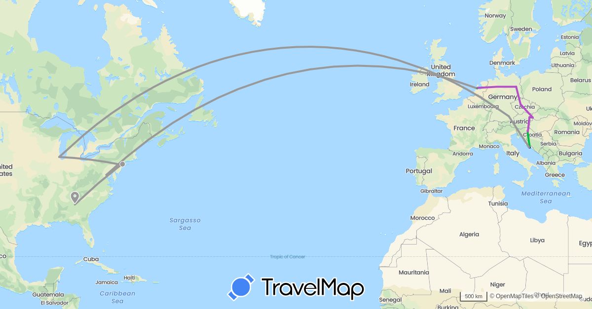 TravelMap itinerary: driving, bus, plane, train in Austria, Czech Republic, Germany, Croatia, Netherlands, Slovakia, United States (Europe, North America)
