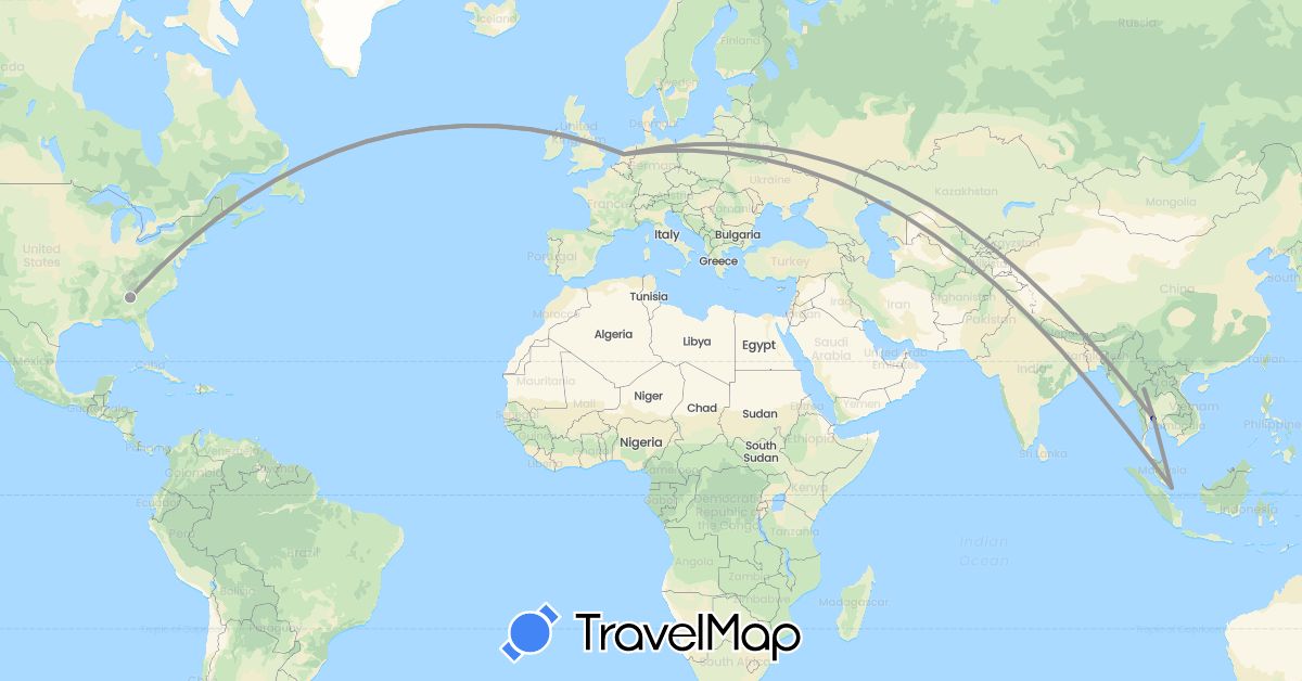 TravelMap itinerary: driving, plane in Netherlands, Singapore, Thailand, United States (Asia, Europe, North America)